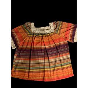 Hannah Colorful Womens Top Short Sleeve Stripe Fringe Trim Boho  Size XL